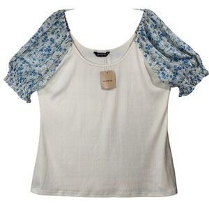 NWT  BloomChic Cream Ribbed Top Blue Floral & Metalic Print Bubble Sleeve US 12